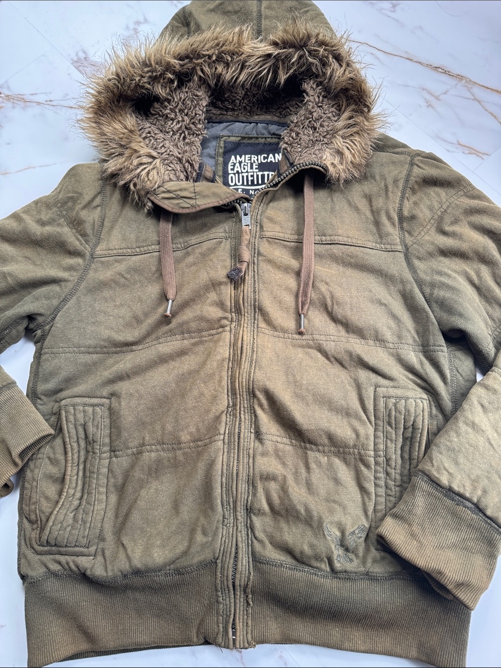 Y2K American Eagle Zip Up Fur Lined Hooded Jacket Green Military Style 90s Sz L